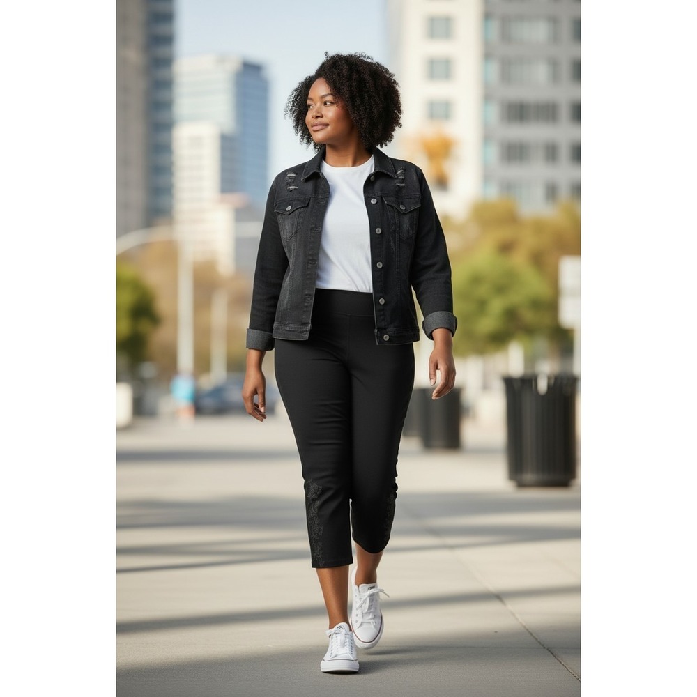 (I-249)Women With Control‎ Prime Stretch Denim Capri Pants Black LP Large Petite